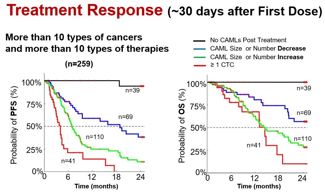 PFS and OS curves showing best outcomes when CAMLs clear post-treatment, intermediate with CAML decrease, worse with CAML increase, and poorest with ≥1 CTC.